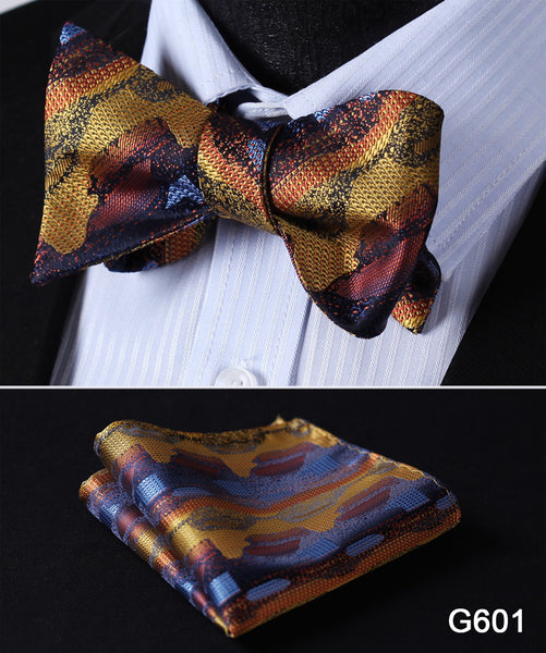 Men's Floral Wedding Party Self Bow Tie Pocket Square Set, 100% Silk, exclusive prints, gift set