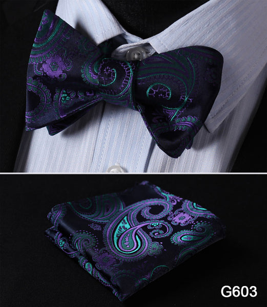 Men's Floral Wedding Party Self Bow Tie Pocket Square Set, 100% Silk, exclusive prints, gift set