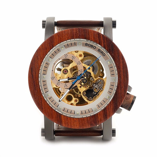 Wooden Wristwatch Vintage Bronze Classic Skeleton Handcrafted Watches - Automatic Self-Winding