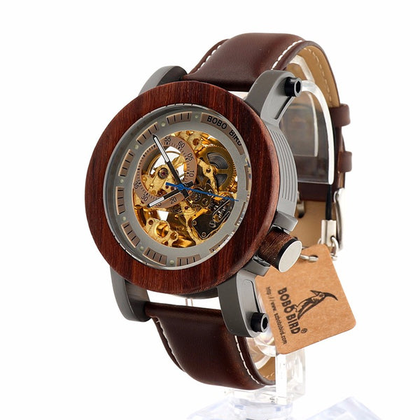 Wooden Wristwatch Vintage Bronze Classic Skeleton Handcrafted Watches - Automatic Self-Winding