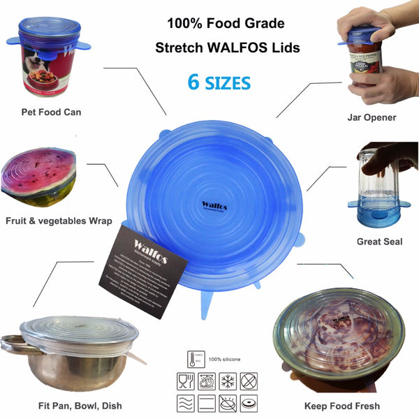 Silicone Stretch Lids (6 pack), Reusable, Durable & Expandable to Fit Various Sizes/ Shapes of Containers. Superior for Keeping Food Fresh, Dishwasher & Freezer Safe