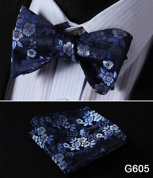 Men's Floral Wedding Party Self Bow Tie Pocket Square Set, 100% Silk, exclusive prints, gift set