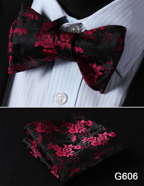 Men's Floral Wedding Party Self Bow Tie Pocket Square Set, 100% Silk, exclusive prints, gift set