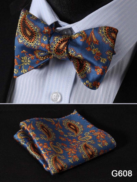 Men's Floral Wedding Party Self Bow Tie Pocket Square Set, 100% Silk, exclusive prints, gift set