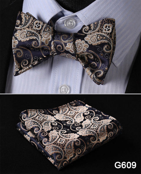 Men's Floral Wedding Party Self Bow Tie Pocket Square Set, 100% Silk, exclusive prints, gift set