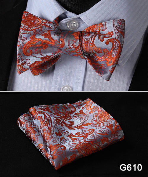 Men's Floral Wedding Party Self Bow Tie Pocket Square Set, 100% Silk, exclusive prints, gift set