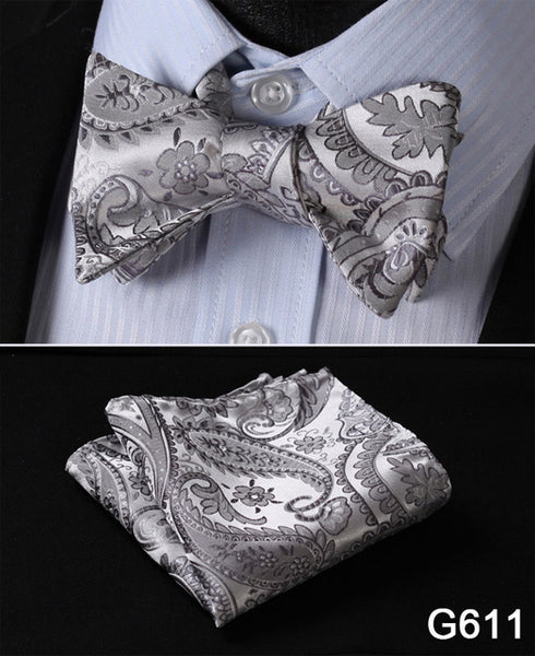 Men's Floral Wedding Party Self Bow Tie Pocket Square Set, 100% Silk, exclusive prints, gift set