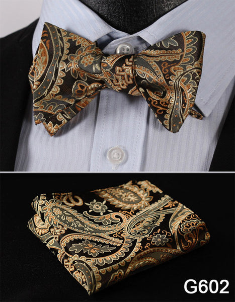 Men's Floral Wedding Party Self Bow Tie Pocket Square Set, 100% Silk, exclusive prints, gift set
