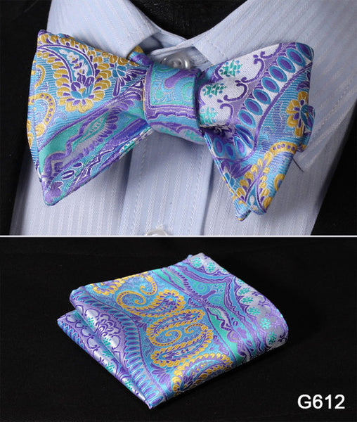 Men's Floral Wedding Party Self Bow Tie Pocket Square Set, 100% Silk, exclusive prints, gift set