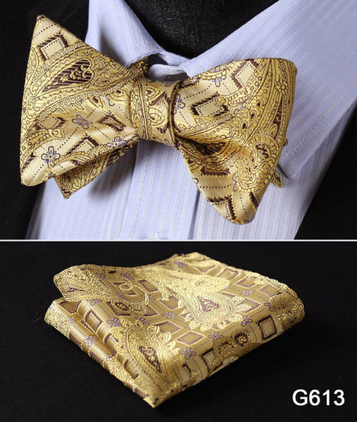 Men's Floral Wedding Party Self Bow Tie Pocket Square Set, 100% Silk, exclusive prints, gift set