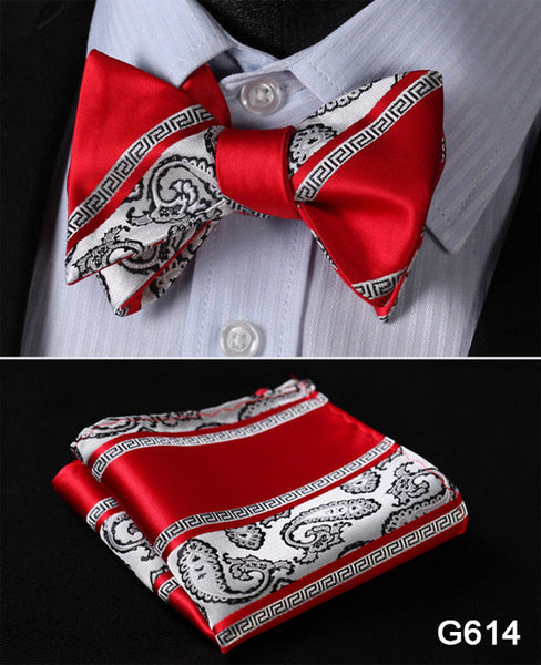 Men's Floral Wedding Party Self Bow Tie Pocket Square Set, 100% Silk, exclusive prints, gift set