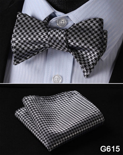Men's Floral Wedding Party Self Bow Tie Pocket Square Set, 100% Silk, exclusive prints, gift set