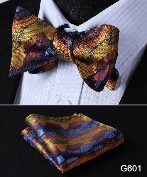 Men's Floral Wedding Party Self Bow Tie Pocket Square Set, 100% Silk, exclusive prints, gift set