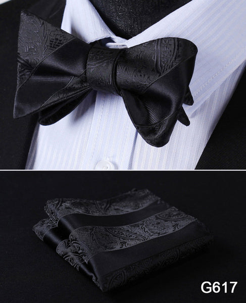 Men's Floral Wedding Party Self Bow Tie Pocket Square Set, 100% Silk, exclusive prints, gift set