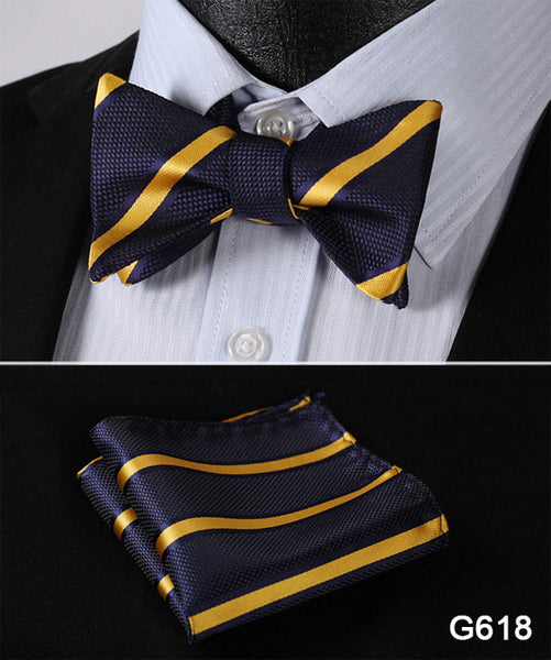 Men's Floral Wedding Party Self Bow Tie Pocket Square Set, 100% Silk, exclusive prints, gift set