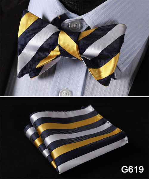 Men's Floral Wedding Party Self Bow Tie Pocket Square Set, 100% Silk, exclusive prints, gift set