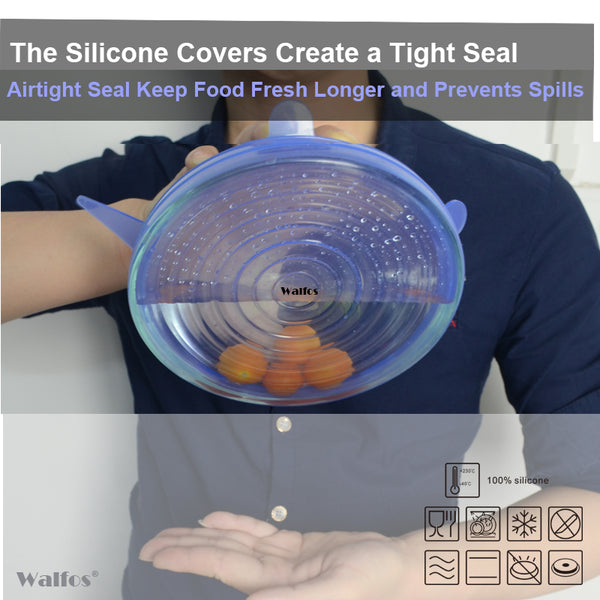 Silicone Stretch Lids (6 pack), Reusable, Durable & Expandable to Fit Various Sizes/ Shapes of Containers. Superior for Keeping Food Fresh, Dishwasher & Freezer Safe