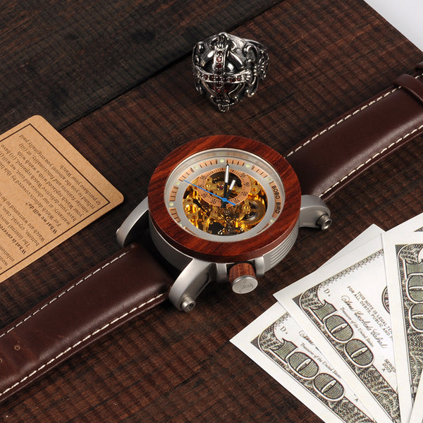 Wooden Wristwatch Vintage Bronze Classic Skeleton Handcrafted Watches - Automatic Self-Winding