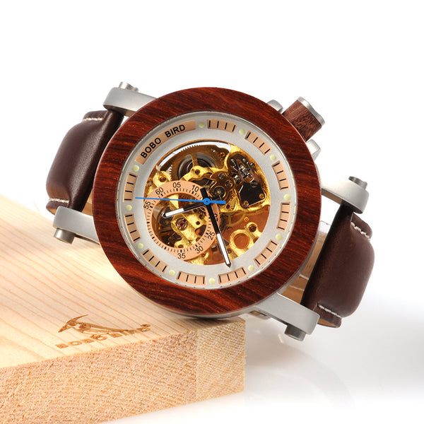Wooden Wristwatch Vintage Bronze Classic Skeleton Handcrafted Watches - Automatic Self-Winding