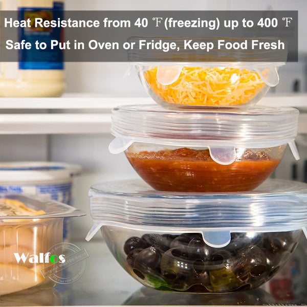 Silicone Stretch Lids (6 pack), Reusable, Durable & Expandable to Fit Various Sizes/ Shapes of Containers. Superior for Keeping Food Fresh, Dishwasher & Freezer Safe