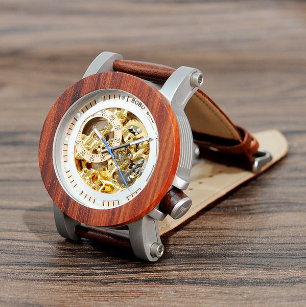 Wooden Wristwatch Vintage Bronze Classic Skeleton Handcrafted Watches - Automatic Self-Winding