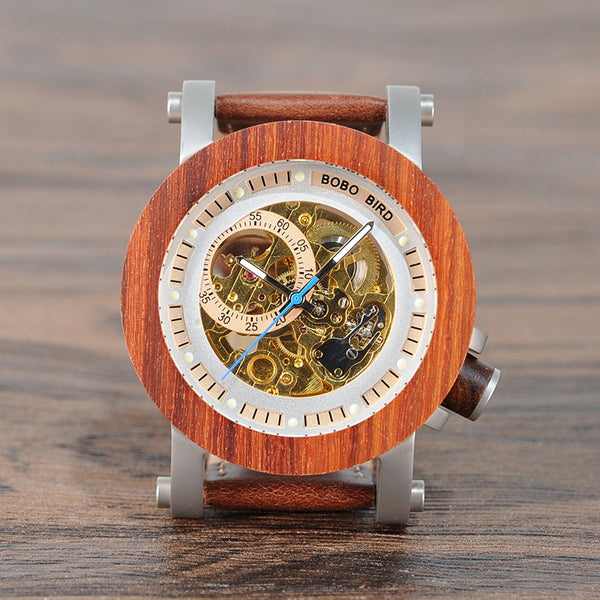 Wooden Wristwatch Vintage Bronze Classic Skeleton Handcrafted Watches - Automatic Self-Winding