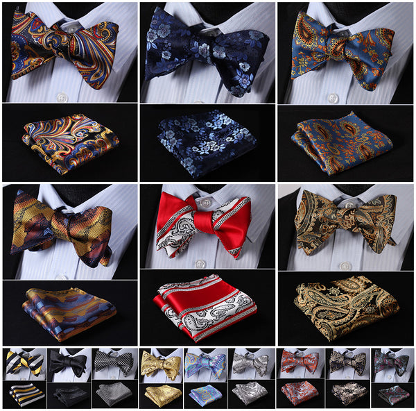 Men's Floral Wedding Party Self Bow Tie Pocket Square Set, 100% Silk, exclusive prints, gift set