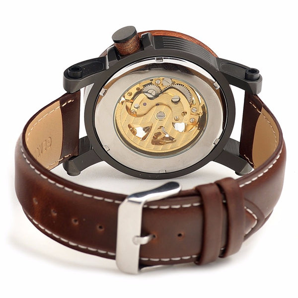 Wooden Wristwatch Vintage Bronze Classic Skeleton Handcrafted Watches - Automatic Self-Winding