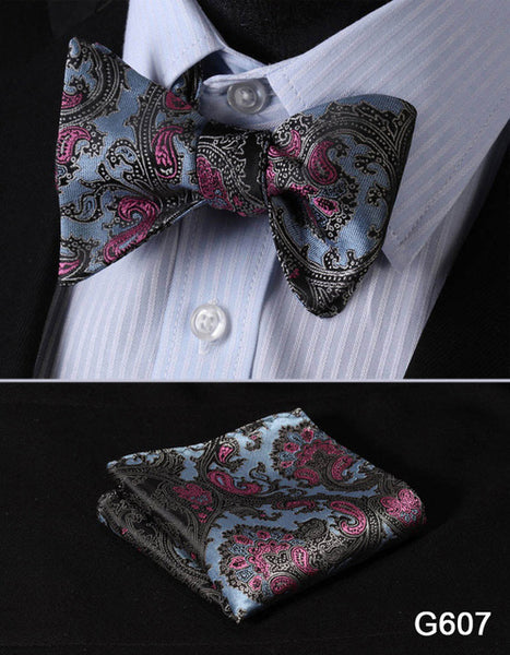 Men's Floral Wedding Party Self Bow Tie Pocket Square Set, 100% Silk, exclusive prints, gift set