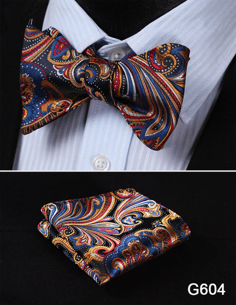 Men's Floral Wedding Party Self Bow Tie Pocket Square Set, 100% Silk, exclusive prints, gift set