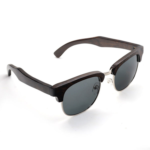 Semi-Rimless Wood Polarized Sunglasses-Black Wood Handmade Frame, UV400