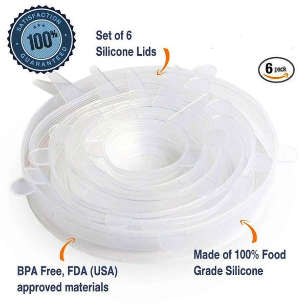 Silicone Stretch Lids (6 pack), Reusable, Durable & Expandable to Fit Various Sizes/ Shapes of Containers. Superior for Keeping Food Fresh, Dishwasher & Freezer Safe