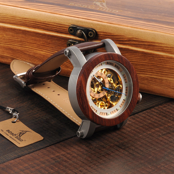 Wooden Wristwatch Vintage Bronze Classic Skeleton Handcrafted Watches - Automatic Self-Winding