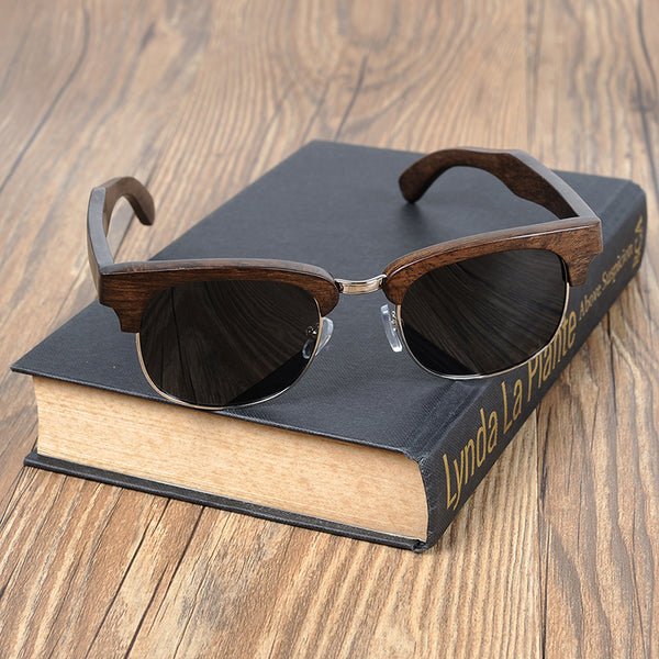 Semi-Rimless Wood Polarized Sunglasses-Black Wood Handmade Frame, UV400